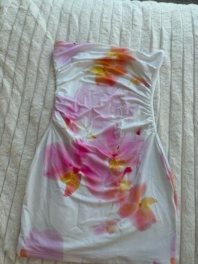 White Fox Boutique Strapless Floral Bodycon Dress in White, Pink & Orange